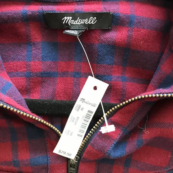 NWT Madewell Flannel Zip-Front Popover Shirt Red - Picture 7 of 8